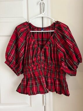 Old Navy Red & Black Tartan Plaid Short Puff Sleeves V-Neck Peplum Top Large
